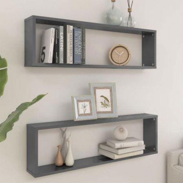 Wall Cube Shelves 2 Pcs High Gloss Grey 100x15x30 Cm Engineered Wood