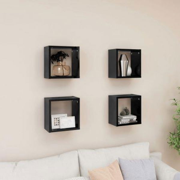 Wall Cube Shelves 4 Pcs High Gloss Black 26x15x26 Cm