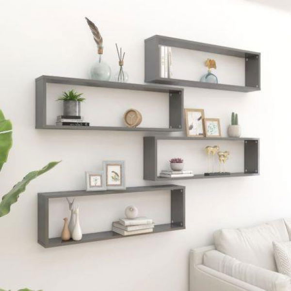 Wall Cube Shelves 4 Pcs High Gloss Grey 100x15x30 Cm Engineered Wood