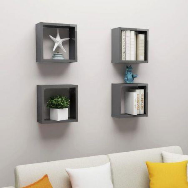 Wall Cube Shelves 4 Pcs High Gloss Grey 30x15x30 Cm