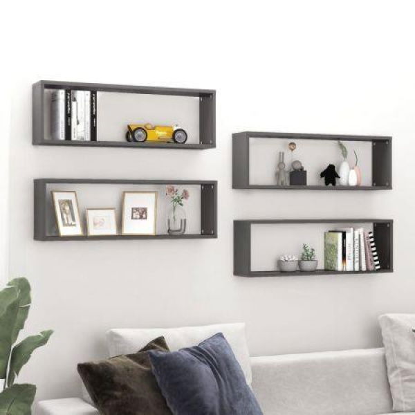 Wall Cube Shelves 4 Pcs High Gloss Grey 80x15x26.5 Cm Engineered Wood.