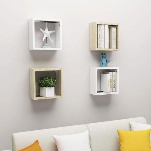 Wall Cube Shelves 4 Pcs White And Sonoma Oak 30x15x30 Cm