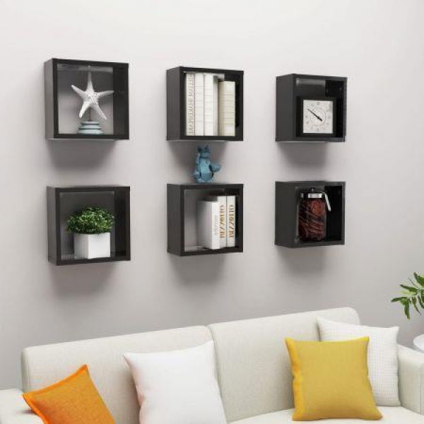 Wall Cube Shelves 6 Pcs High Gloss Black 30x15x30 Cm