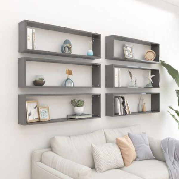 Wall Cube Shelves 6 Pcs High Gloss Grey 100x15x30 Cm Engineered Wood