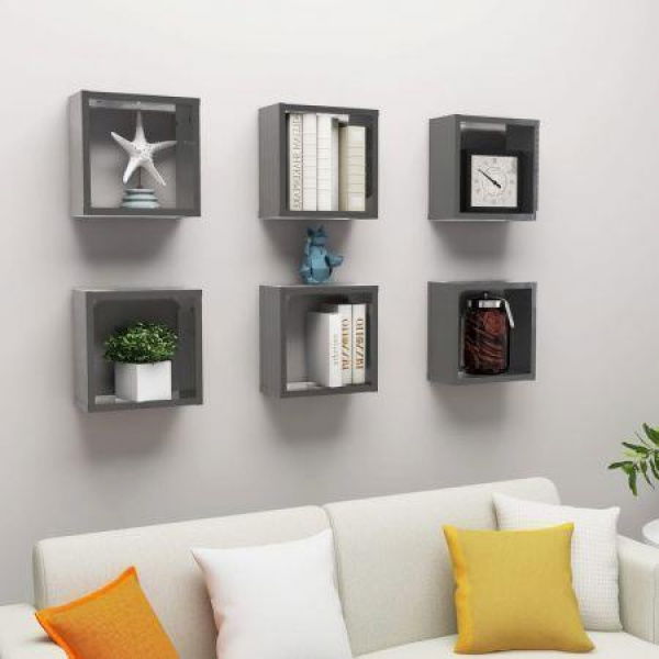 Wall Cube Shelves 6 Pcs High Gloss Grey 30x15x30 Cm