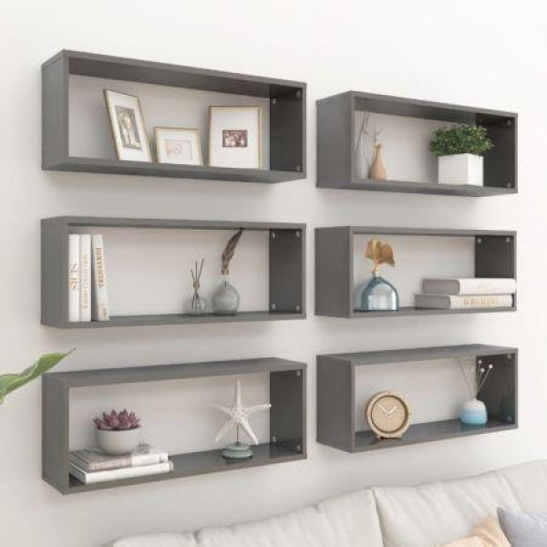 Wall Cube Shelves 6 Pcs High Gloss Grey 60x15x23 Cm Engineered Wood