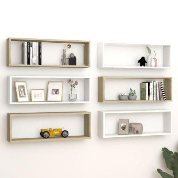 Wall Cube Shelves 6 Pcs White & Sonoma Oak 80x15x26.5cm Engineered Wood.