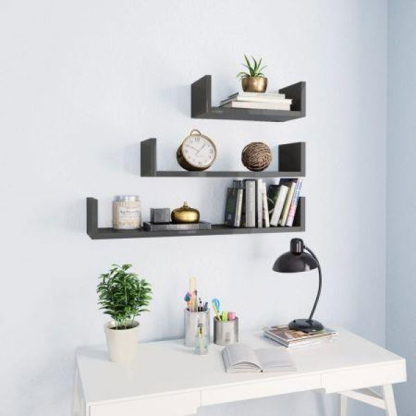 Wall Display Shelf 3 Pcs High Gloss Grey Chipboard