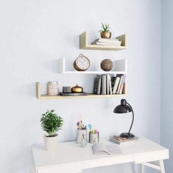 Wall Display Shelf 3 Pcs White And Sonoma Oak Chipboard