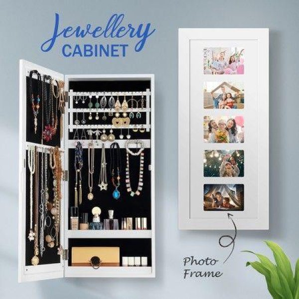 Wall Hanging Jewelry Cabinet Organizer With Photo Frames - White