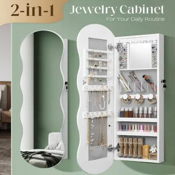 Wall Mirror Cabinet LED Lighted Jewelry Box Cosmetic Beauty Makeup Storage Armoire Lockable Case Organiser Vanity Hanging Shaving Dressing 44x10x106cm