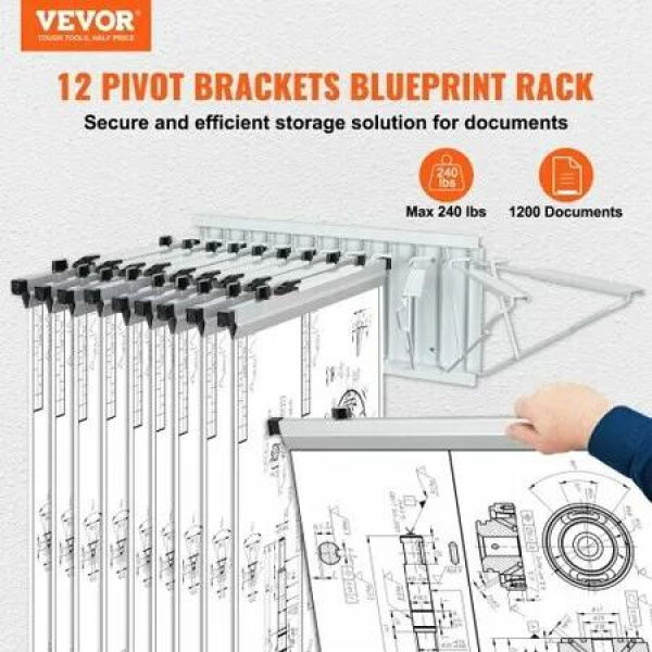 Wall Mount Blueprint Storage Rack Blueprint Holder with 12 Pivot Brackets