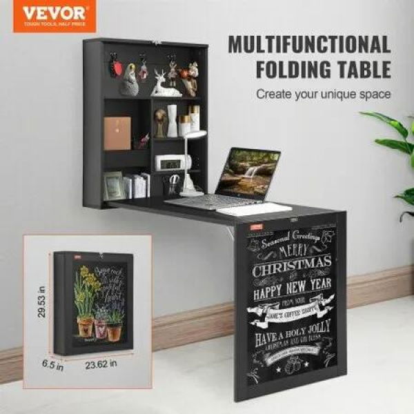 Wall Mounted Desk, Fold out Convertible Desk, Multi-Function Folding Wall Table with Chalkboard for Home Office, Space Saving Computer Desk with Storage Area