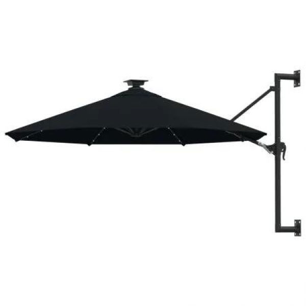 Wall-mounted Parasol with LEDs and Metal Pole 300 cm Black