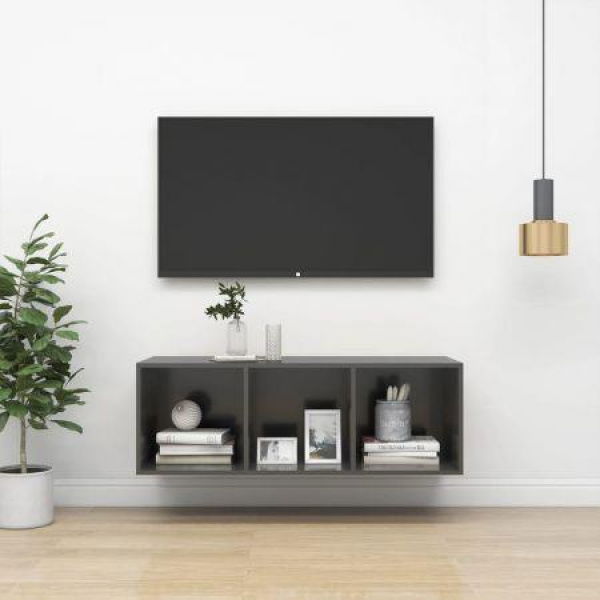 Wall-mounted TV Cabinet High Gloss Grey 37x37x107 Cm Engineered Wood