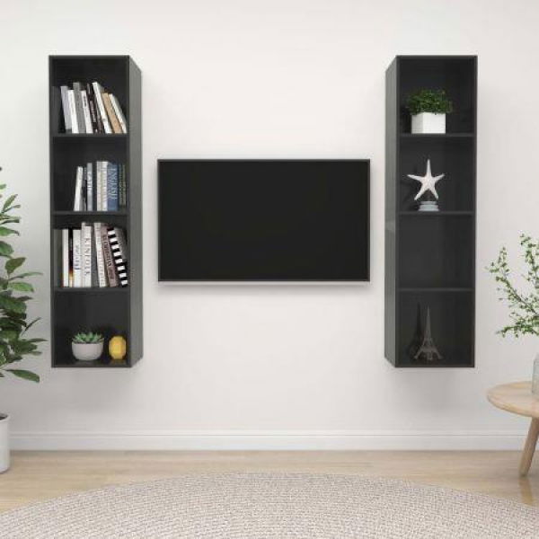 Wall-mounted TV Cabinets 2 Pcs High Gloss Grey Chipboard