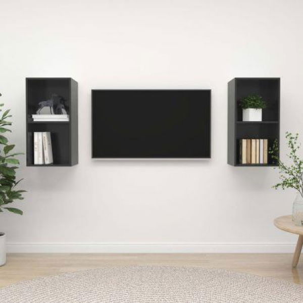 Wall-mounted TV Cabinets 2 Pcs High Gloss Grey Chipboard