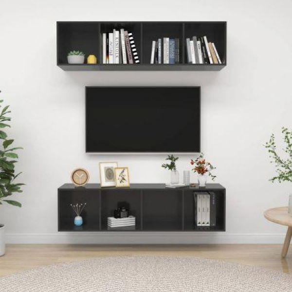 Wall-mounted TV Cabinets 2 Pcs High Gloss Grey Chipboard