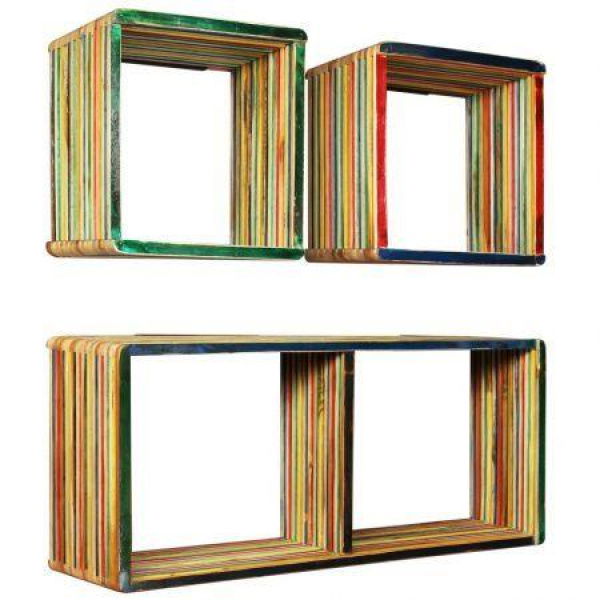 Wall Shelf Set 3 Pcs Multicolour Solid Reclaimed Teak