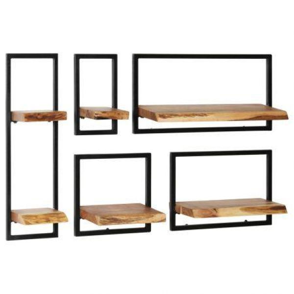 Wall Shelf Set 5 Pieces Solid Acacia Wood And Steel