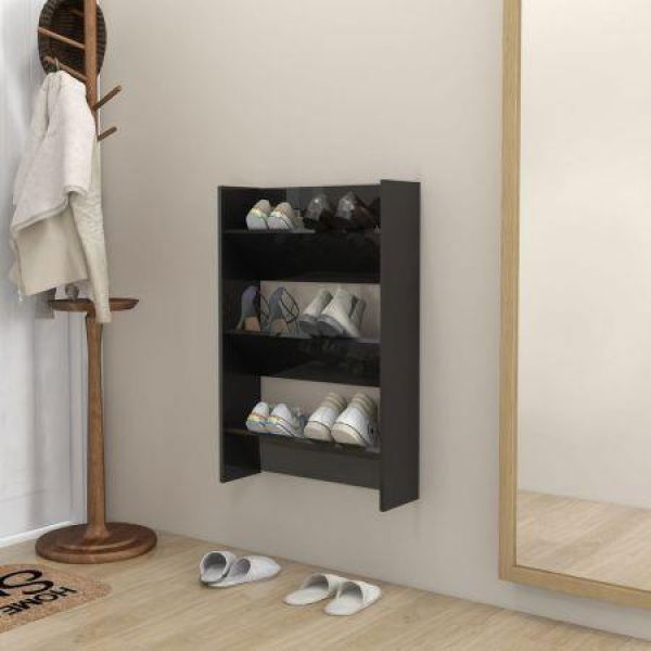 Wall Shoe Cabinet High Gloss Black 60x18x90 Cm Engineered Wood