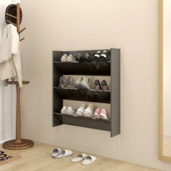 Wall Shoe Cabinet High Gloss Grey 80x18x90 Cm Engineered Wood