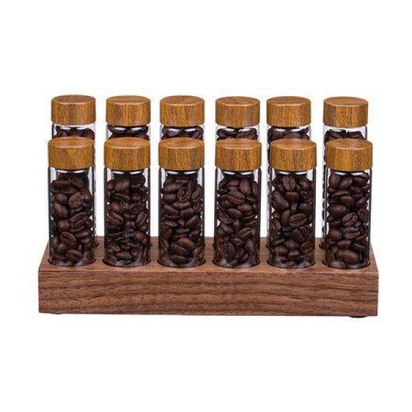Walnut solid wood base 12 Tubes Single Dose Coffee Bean Storage wooden Holder Coffee Bean Cellar Dosing Glass Vials With Lids 2Oz Containers Display Stand And Funnel