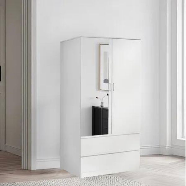Wardrobe Cabinet Armoire Clothes Garment Storage Shelves Unit Organiser Glass Mirror Door Drawer Closet Cupboard Bedroom Furniture Hanging Rail White