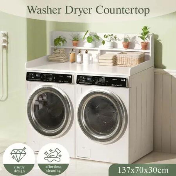 Washer and Dryer Countertop Shelf Laundry Room Storage Organiser Over The Front Load Washing Machine Table Top Shelves White 2 Tier Cover 137x70x30cm