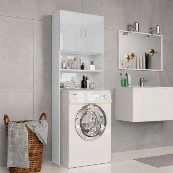 Washing Machine Cabinet High Gloss White 64x25.5x190 Cm Chipboard