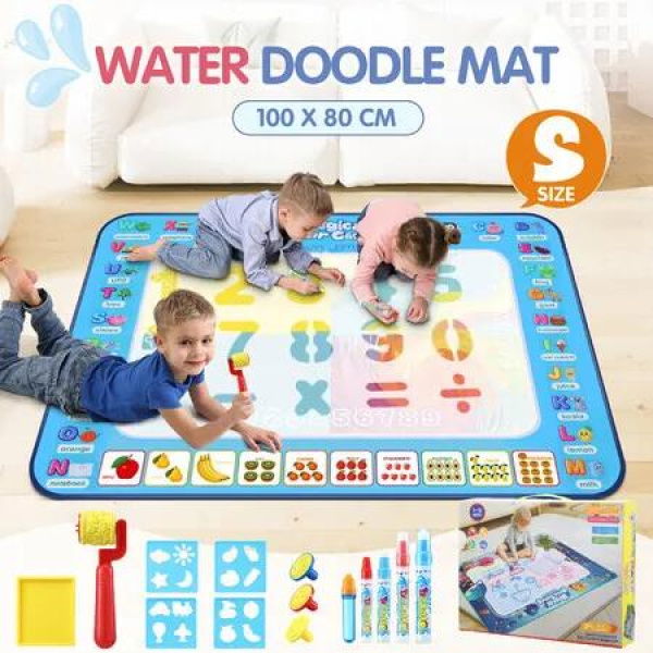 Water Doodle Mat Kids Painting Drawing Colouring Rug Carpet Toy Magic Pen Stamp Writing Board Cartoon Learning Aqua Doodling Canvas 100x80cm