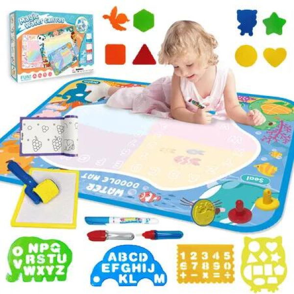 Water Doodle Mat Kids Painting Drawing Writing Board Magic Pens Stamps Aqua DIY Craft Canvas Cartoon Rug Carpet Educational Toy 90x120cm