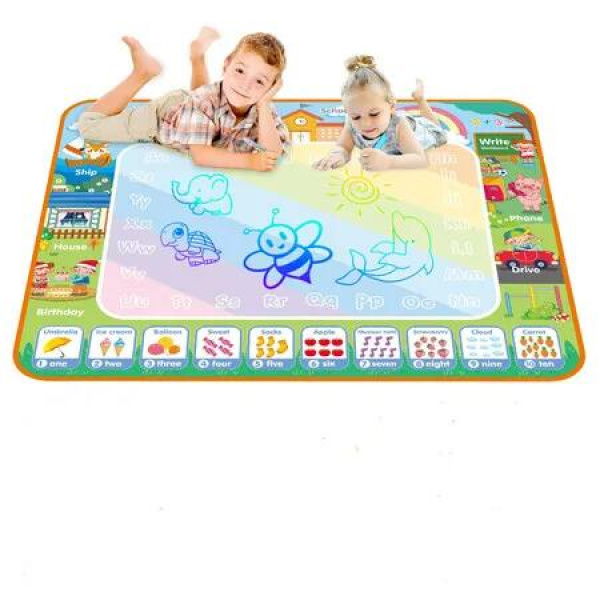 Water Doodle Mat Kids Painting Drawing Writing Board Magic Pens Stamps Aqua DIY Craft Canvas Cartoon Rug Carpet Educational Toy 90x120cm