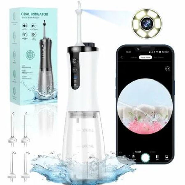 Water Flosser with Camera for Teeth,Visual Water Dental Flosser with 12-Gear Rechargeable Water Flosser with 3-Nozzle Waterproof for Android iOS(White)