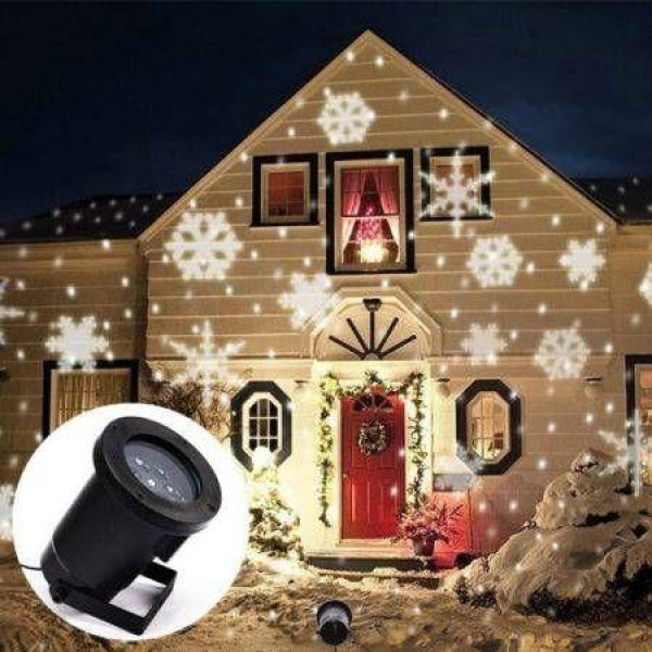 Waterproof Automatically LED Moving Snowflakes Spotlight Lamp Snowflakes LED Projection Christmas Decoration Light- White