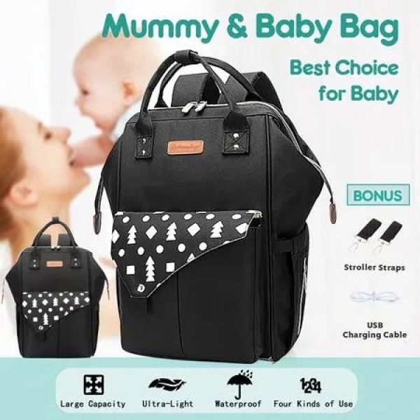 Waterproof Black Baby Changing Bags Nappy Diaper Backpack