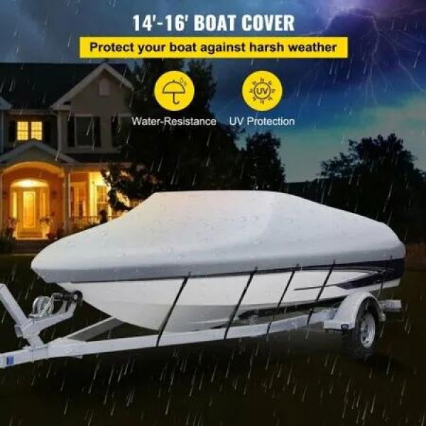 Waterproof Boat Cover, 14'-16' Trailerable Boat Cover, Beam Width up to 90 v Hull Cover Heavy Duty 210D Marine Grade Polyester Mooring Cover for Fits V-Hull Boat with 5 Tightening Straps