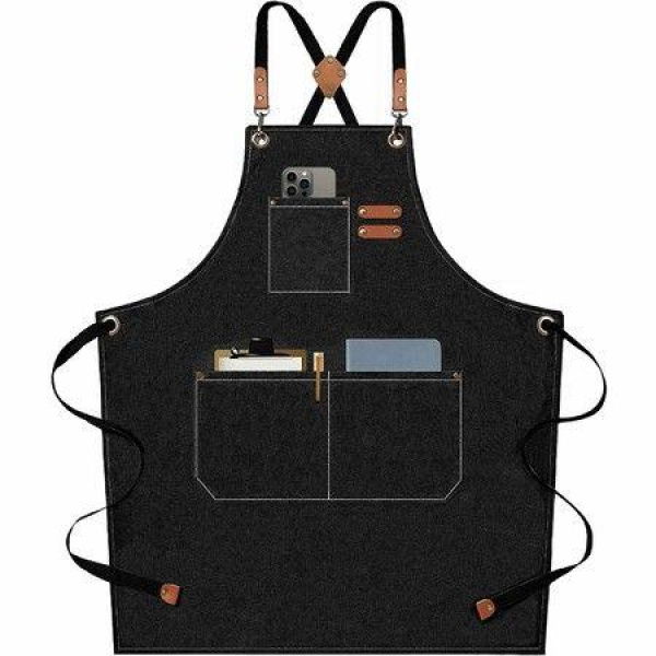 Waterproof Chef Aprons For Men And Women With Large Pockets Cotton Canvas Cross Back Adjustable Work Apron Size M To XXL (Black).