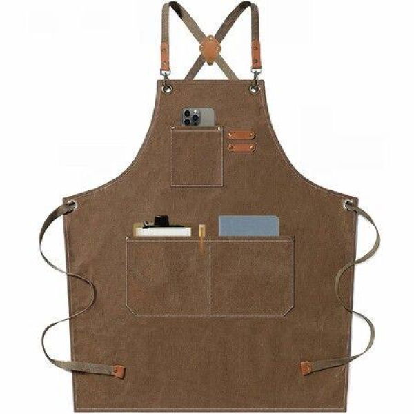 Waterproof Chef Aprons For Men And Women With Large Pockets Cotton Canvas Cross Back Adjustable Work Apron Size M To XXL (Brown).