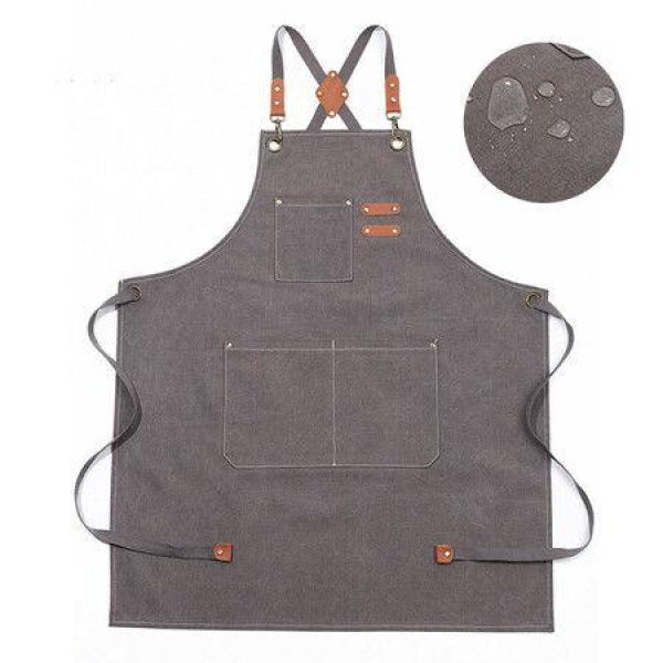 Waterproof Chef Aprons For Men And Women With Large Pockets Cotton Canvas Cross Back Adjustable Work Apron Size M To XXL (Grey).