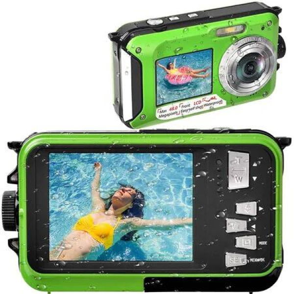 Waterproof Digital Camera Underwater Camera Full HD 2.7K 48 MP Video Recorder Selfie Dual Screens 16X Digital Zoom Flashlight Waterproof Camera for Snorkeling (Green)