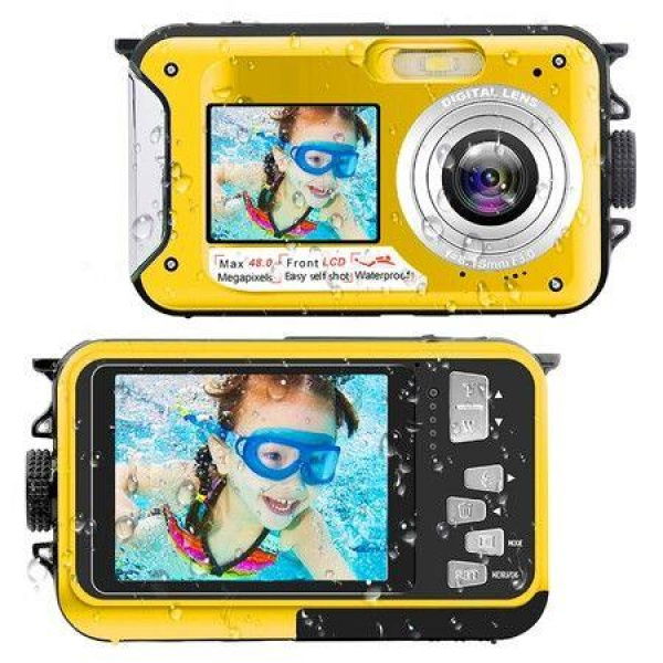 Waterproof Digital Camera Underwater Camera Full HD 2.7K 48 MP Video Recorder Selfie Dual Screens 16X Digital Zoom Flashlight Waterproof Camera For Snorkeling (Yellow)