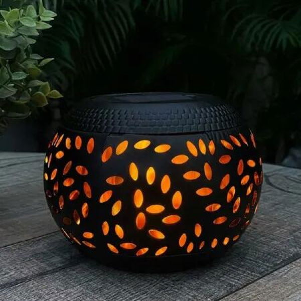 Waterproof Flickering Solar Flame Table Lights Lantern with Black Metal Finish for Patio, Garden, and Pathway (1 Pack)