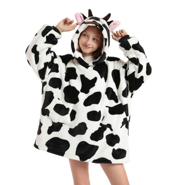 Wearable Blanket Hoodie For Kids Girls Boy 4-12YR Cute Animal Oversized Cold-proof Clothing Super Soft Comfortable Warm Flannel With Pockets Cow