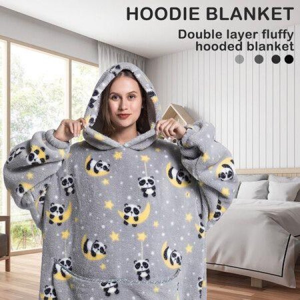 Wearable Blanket HoodieOversized Flannel Blanket Sweatshirt With Hood Pocket And SleevesCozy Soft Warm Plush Hooded Blanket Panda Adult Long Size