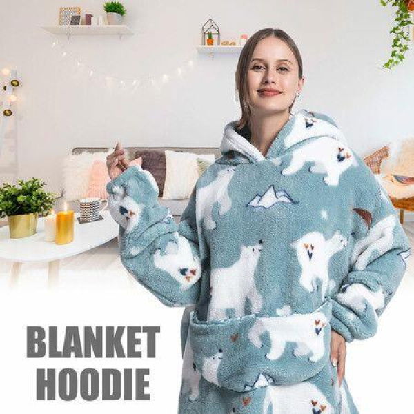 Wearable Blanket HoodieOversized Flannel Blanket Sweatshirt With Hood Pocket And SleevesCozy Soft Warm Plush Hooded Blanket White Bear Adult Long Size