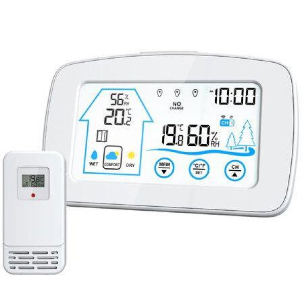 Weather Station LCD Digital Thermometer Hygrometer Indoor Outdoor Sensor Weather Forecast Window Reminder Clock-White