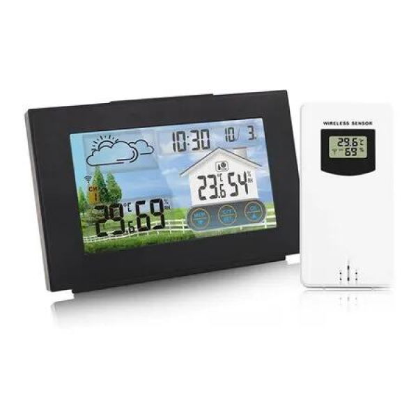 Weather Station with Sensor, Touch Color LCD Screen, Temperature Indoor Outdoor, Humidity, Barometric, Moon Phase, Date, Alarm Clock