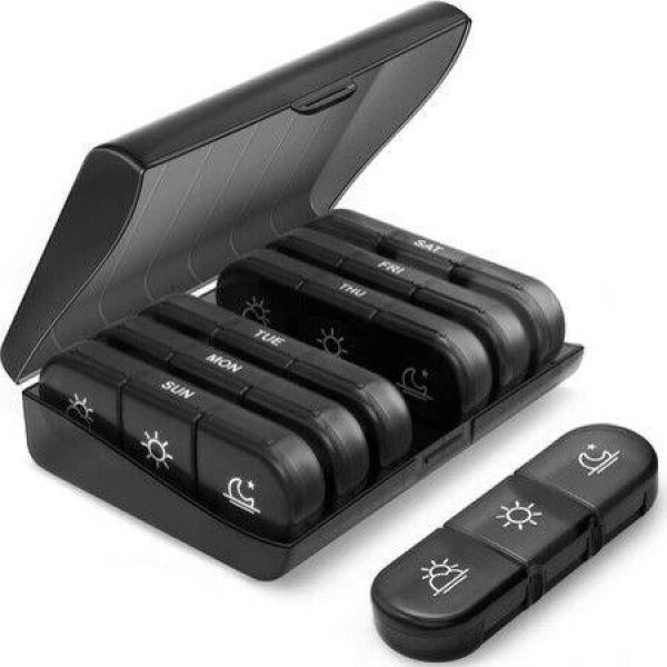 Weekly Pill Organizer 3 Times A Day Portable Travel Pill Box With Large Pill Containers (black).