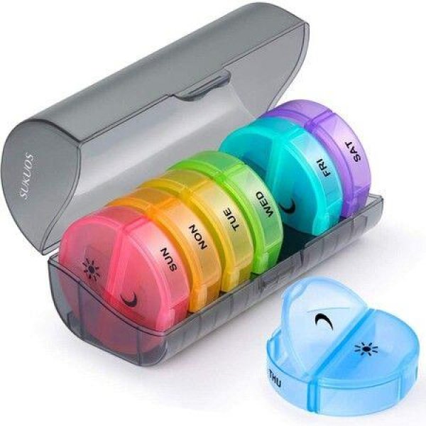 Weekly Pill Organizer 7 Day 2 Times A Day Sukuos Large Daily Pill Cases For Pills/Vitamin/Fish Oil/Supplements (Rainbow)